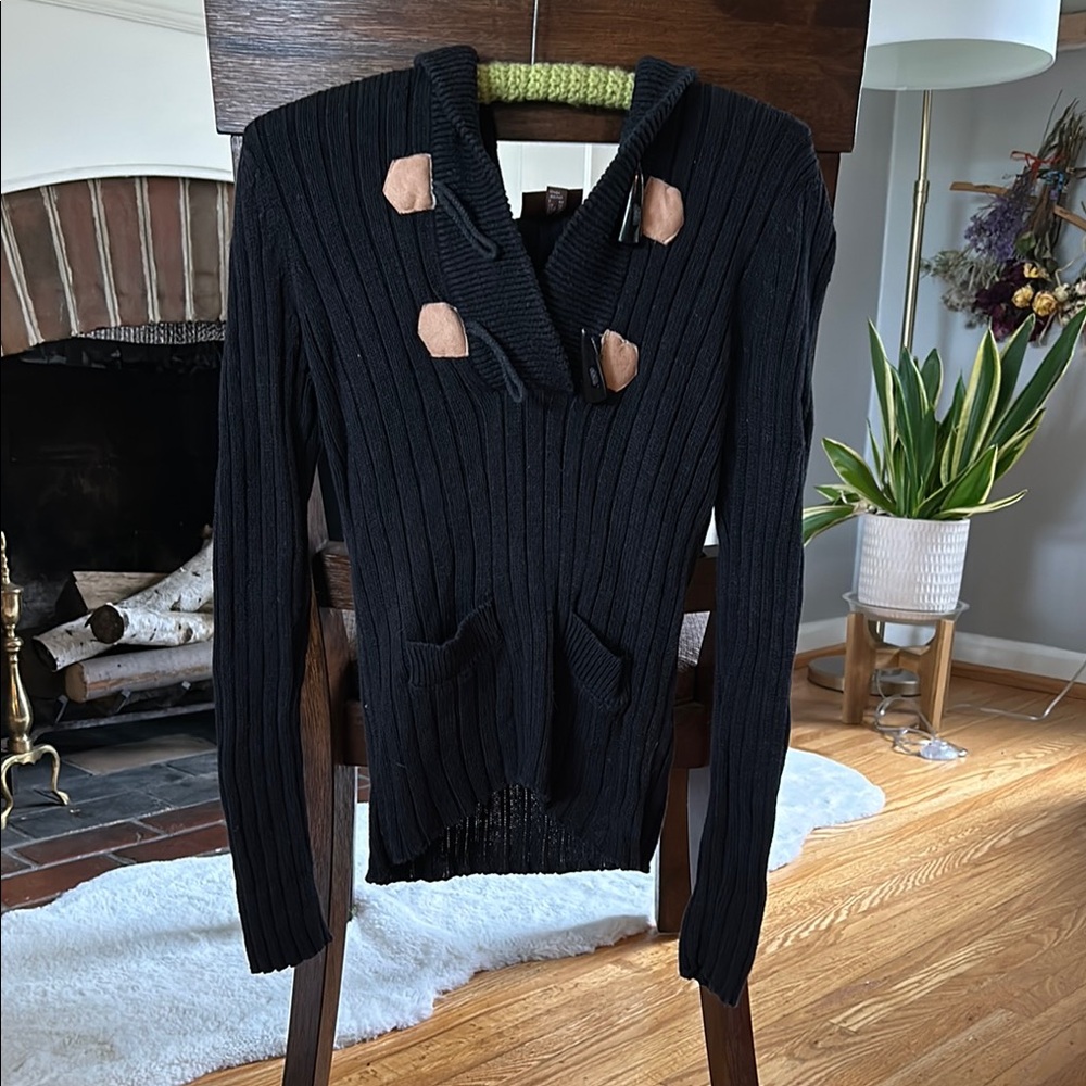 Black Ribbed Hooded Sweater